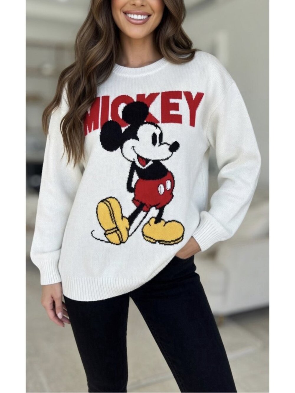 New Disneyland Happy Mickey Mouse Off White Pullover Sweatshirt Sweater